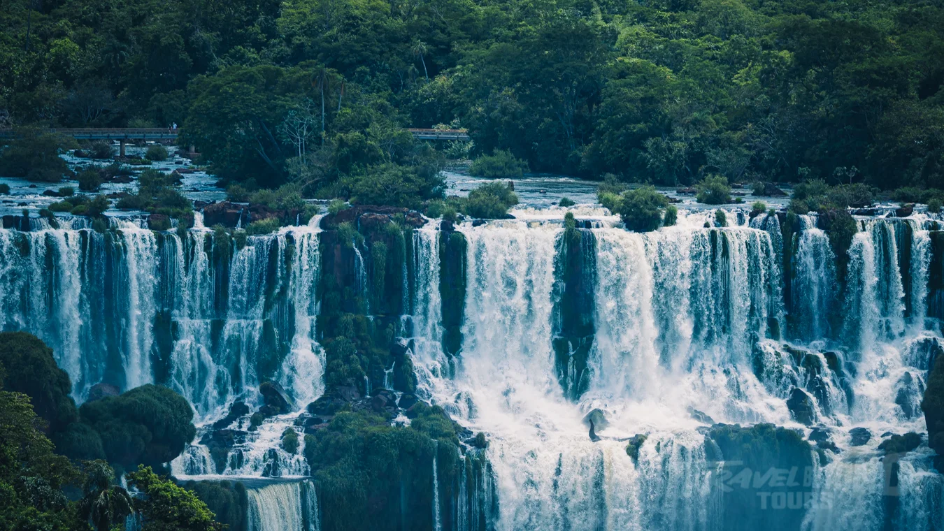 Iguazú Falls waterfalls surrounded by subtropical rainforest on the border of Argentina and Brazil